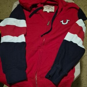 True Religion Red and Navy Zip-Up Hoodie